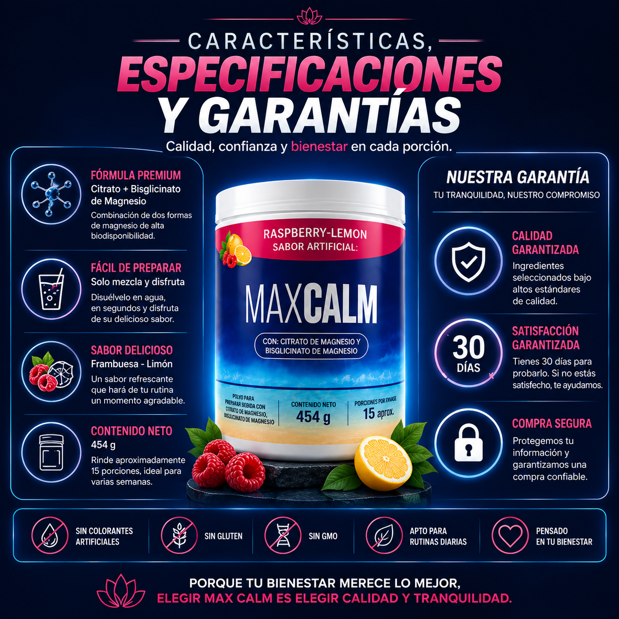 💙 MAX CALM 454 g 🍓 😌 Relájate, recarga tu bienestar y disfruta cada día con más equilibrio.