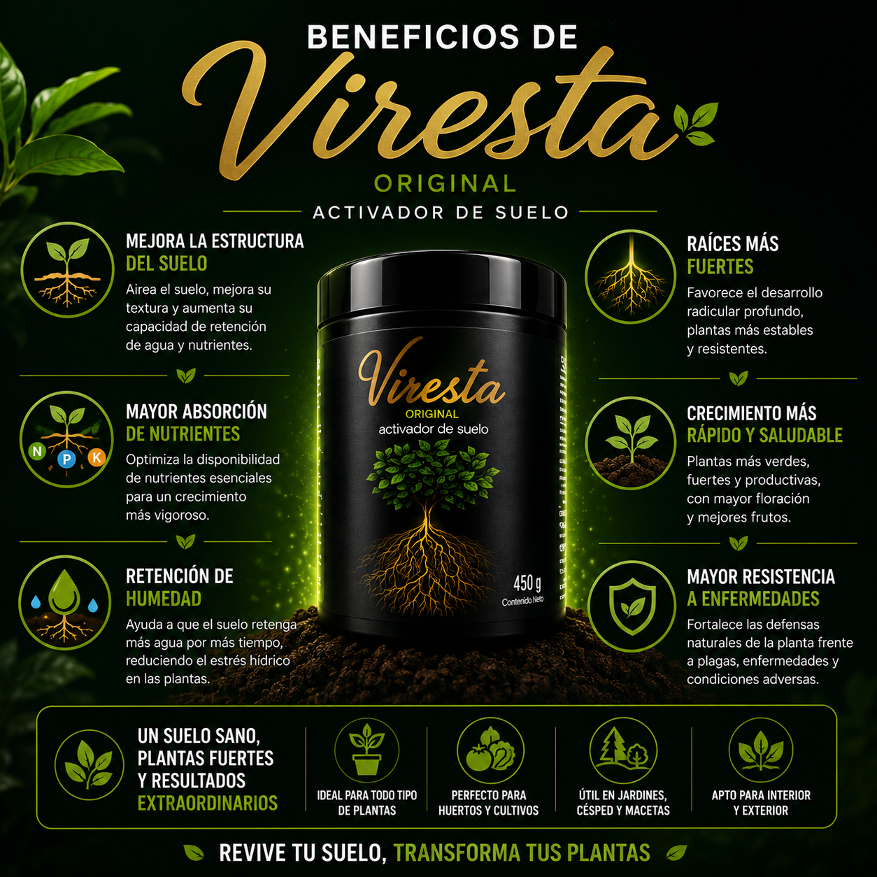 🌾 VIRESTA x450g 💧 Recupera la salud del suelo y potencia el crecimiento de tus cultivos.