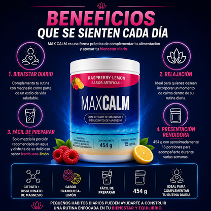 💙 MAX CALM 454 g 🍓 😌 Relájate, recarga tu bienestar y disfruta cada día con más equilibrio.