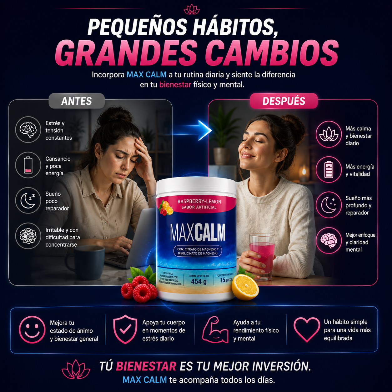 💙 MAX CALM 454 g 🍓 😌 Relájate, recarga tu bienestar y disfruta cada día con más equilibrio.